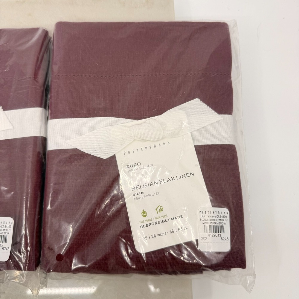 Pottery Barn Belgian Flax Linen Merlot Set Of Two Euro Shams Luxury Natural - Picture 3 of 5